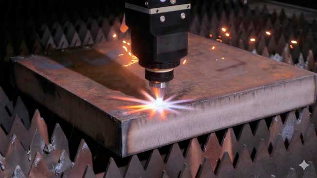 Detalle de cabezal de corte láser de fibra manteniendo precisión milimétrica en acero inoxidable.