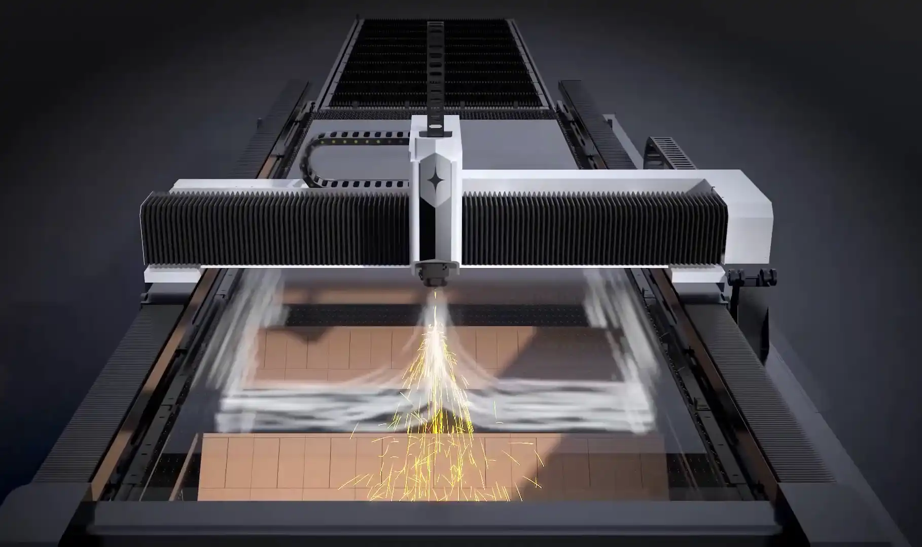 Máquina de corte láser con cabina cerrada y mesa intercambiable en entorno industrial